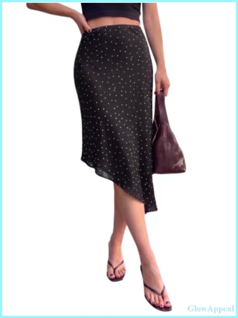 Polka Dot Satin Midi Skirt Asymmetrical High Low Hem Flowy A-Line
